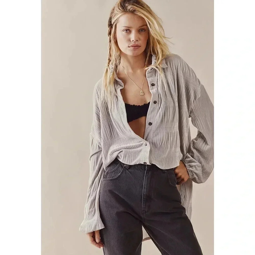New Free People Velvet Long-Sleeve Button-down Top Chrome Grey Medium - Picture 6 of 15